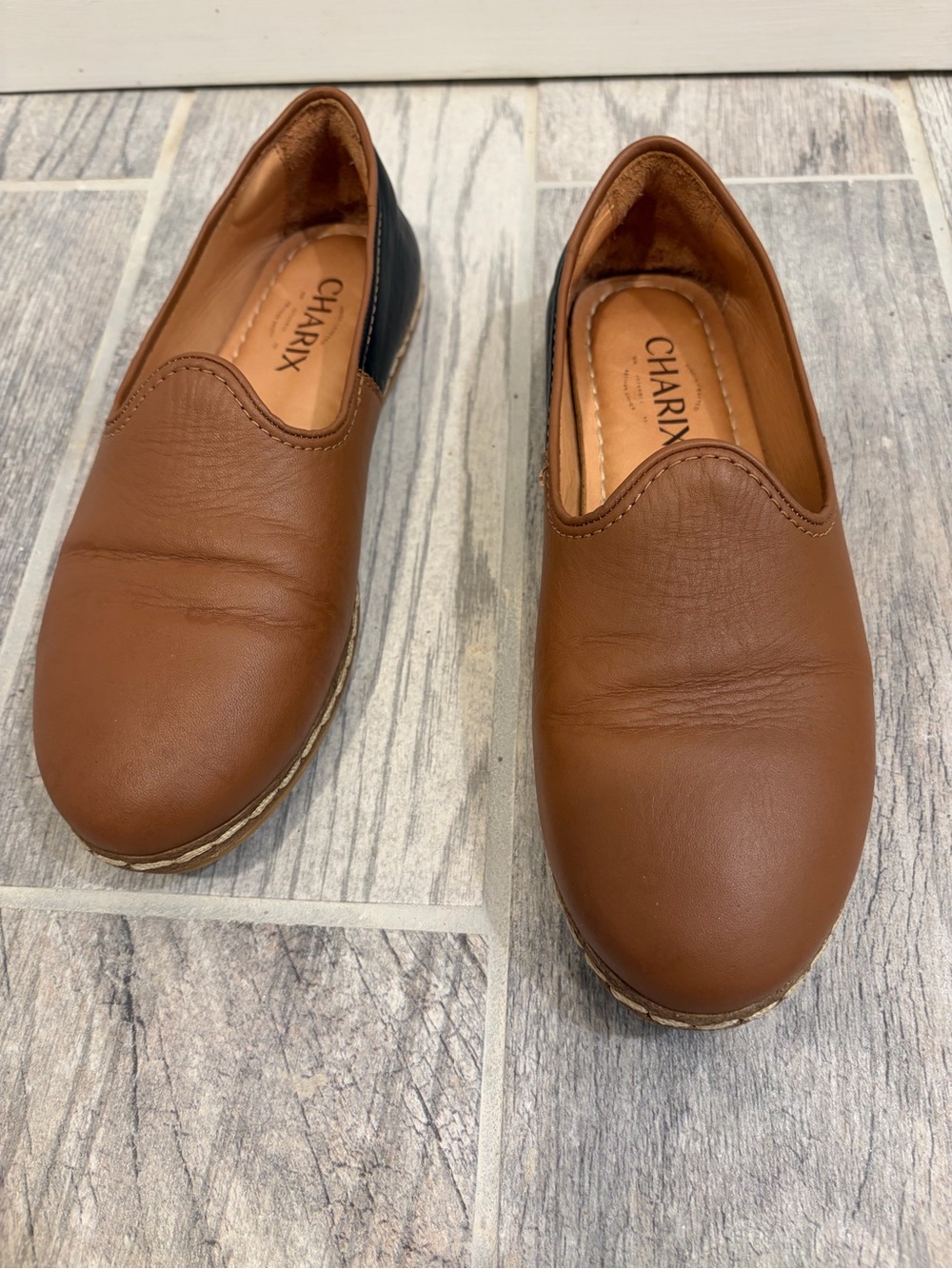 Charix Women’s Camel Slip-On Loafers with Black Heel Panel